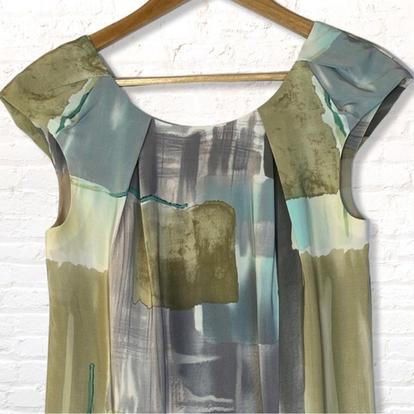 Martin + Osa 100% Silk Watercolor Floral Dress Olive green silk - Picture 4 of 8